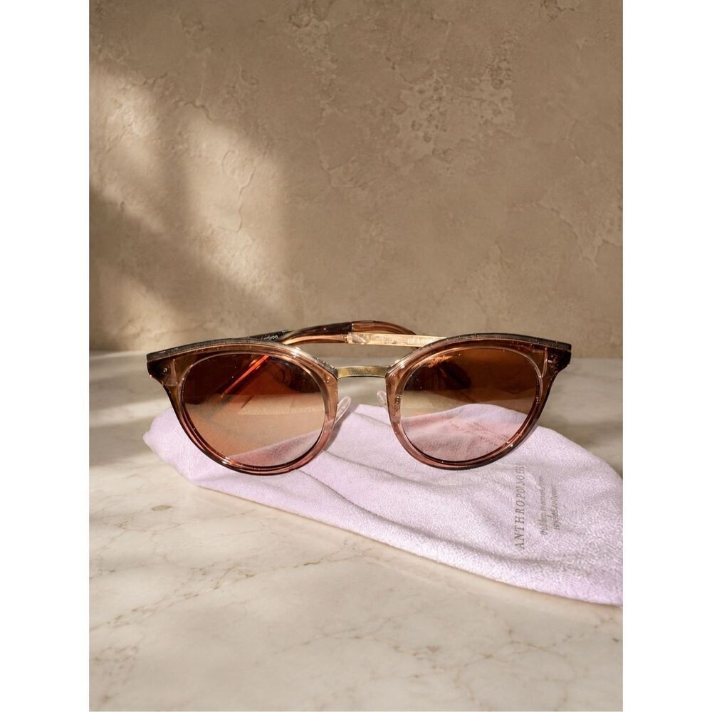 Anthropologie Round Cat Eye Sunglasses Pink Transparent Frame Brown Tinted Lense
